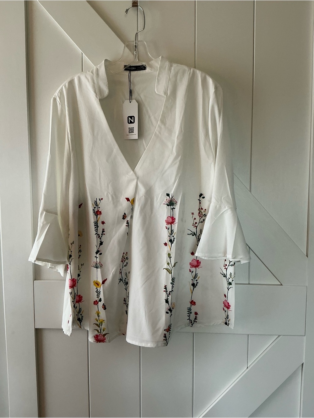 White Floral Embroidered V-Neck Blouse with Bell Sleeves